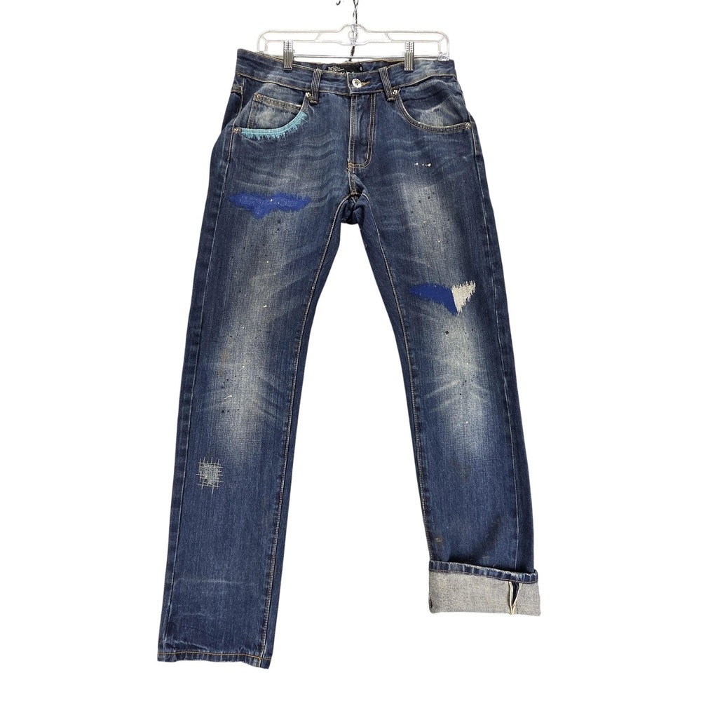 Selvedge Jeans Mens Blue Woden Whiskers Honeycomb Patchwork Paint Fits 30x32